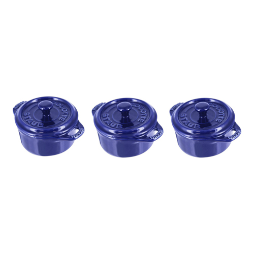 3pc Ceramic Mini Round Cocotte Set, Dark Blue