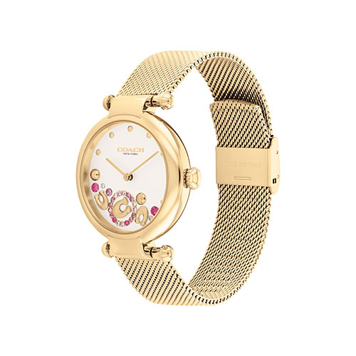 Ladies Cary Gold-Tone Stainless Steel Mesh Watch, Pink Crystal Accent Dial