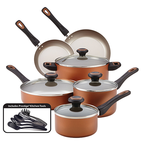 15pc Dishwasher Safe Nonstick Cookware Set, Copper
