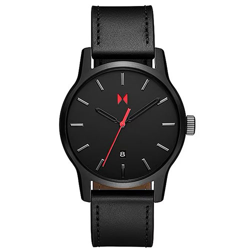 Mens Classic II Jet Black Leather Strap Watch, Black Dial