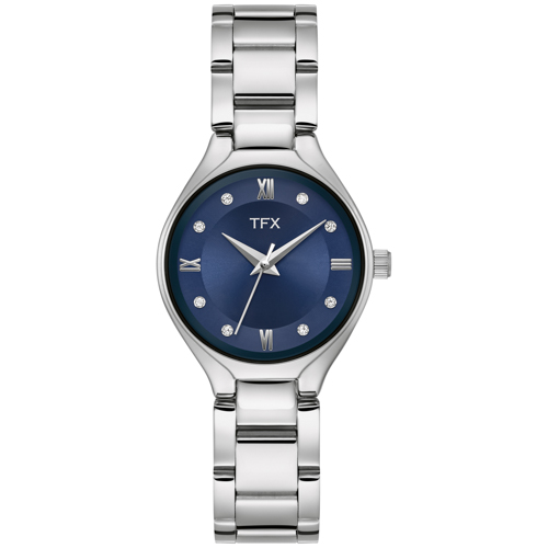 TFX Ladies' Silver-Tone Stainless Steel Watch w/ Crystal Markers, Navy Dial