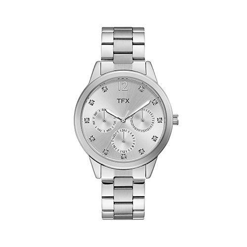 TFX Ladies Silver-Tone SS Crystal Watch, Silver Dial