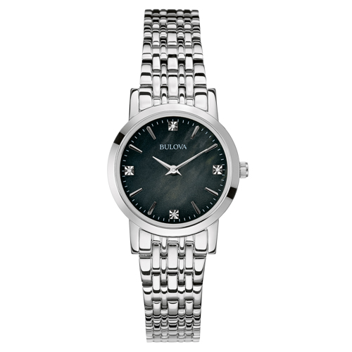 Ladies' Silver-Tone Stainless Steel Diamond Watch, Black Mother-of-Pearl Dial