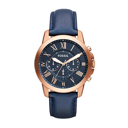 Men's Grant Chronograph Rose Gold & Navy Leather Strap Watch, Navy Dial