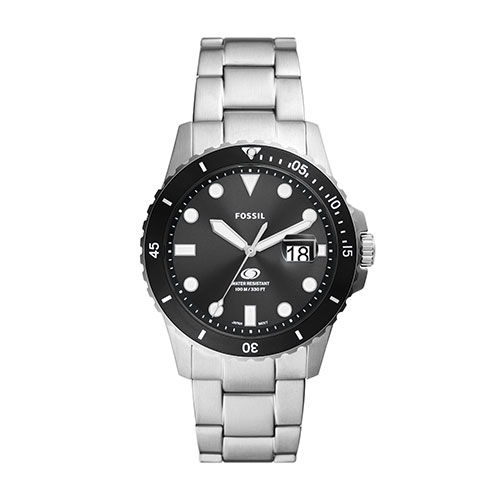 Men's Fossil Blue Silver-Tone Stainless Steel Watch, Black Dial