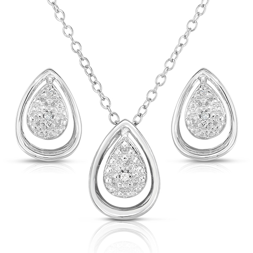 Sterling Silver and .075twt Diamond Teardrop Earrings & Necklace Set