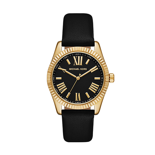 Ladies' Lexington Gold & Black Leather Strap Watch, Black Dial