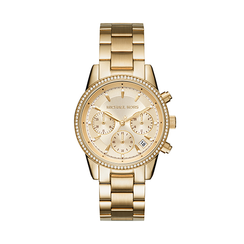 Ladies Ritz Pave Gold-Tone Stainless Steel Watch, Gold Dial