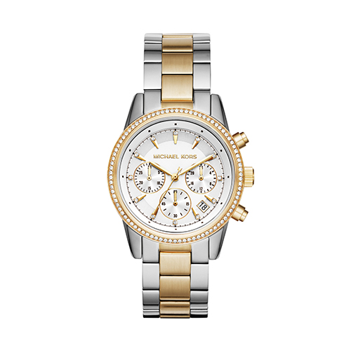 Ladies Ritz Pave Two-Tone Stainless Steel Watch, White Dial