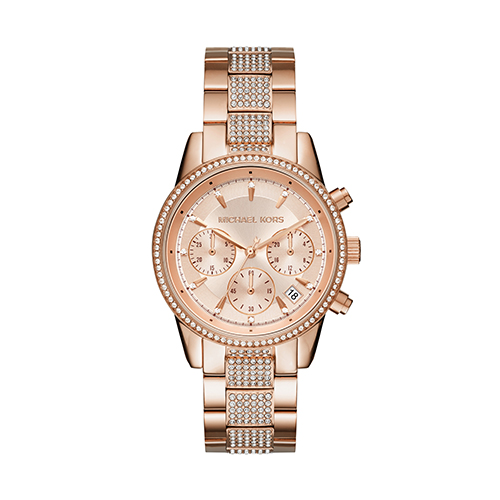 Ladies Ritz Pave Rose Gold-Tone Chronograph Stainless Steel Watch, Rose Gold Dia