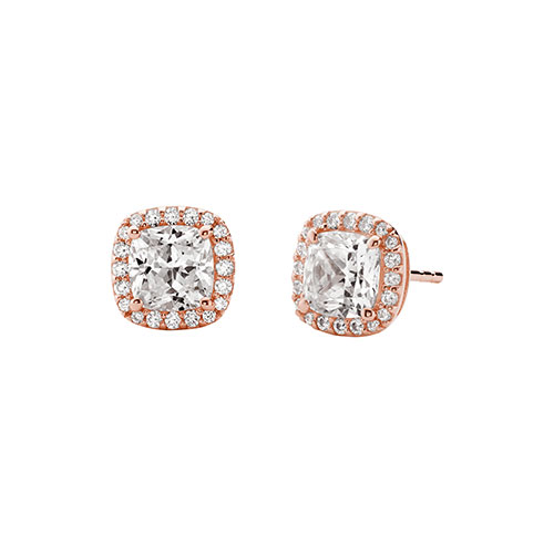 Precious Metal Sterling Silver Pave Square Stud Earrings, Rose Gold