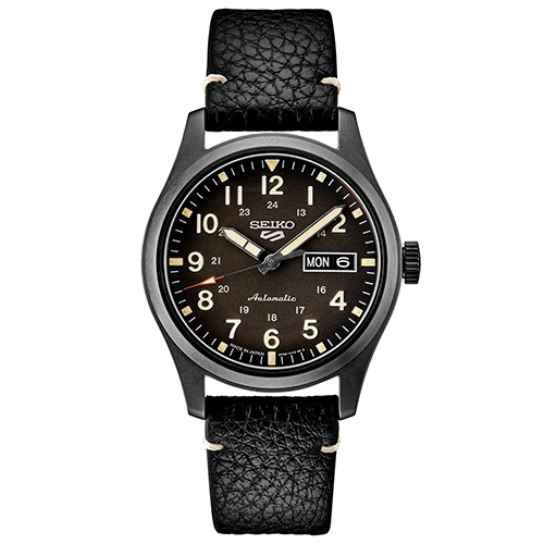 Mens Seiko 5 Sport Automatic Black Leather Strap Watch, Black Dial